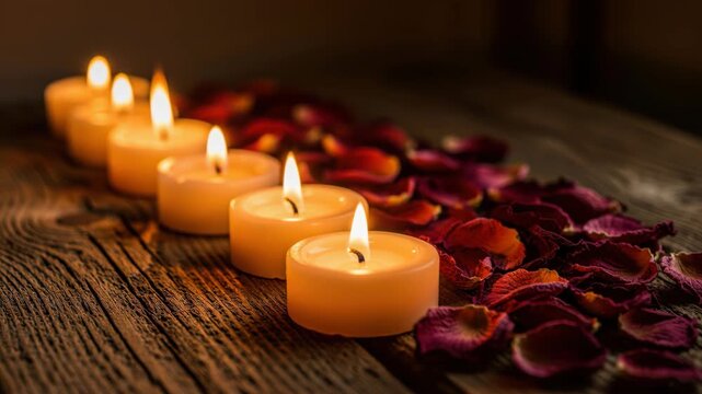 Candlelit Serenity: A row of lit votive candles casting a warm glow beside a scattering of deep red rose petals on a rustic wooden surface, evoking a sense of tranquility and romance.