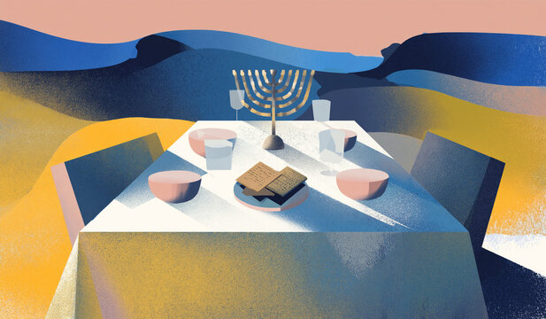 Passover Seder celebration table with menorah and traditional foods at sunset