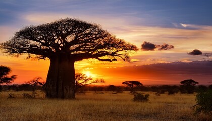 Naklejka premium Baobab Tree Silhouetted Against A Vibrant Sunset In The Kenyan Savanna