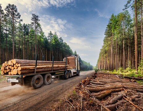 a logging truck carrying a full load of timber drives along a dirt road through a dense forest showing deforestation on the side
