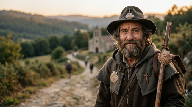Waist up portrait of an elderly male pilgrim with a beard. Senior hiker wearing a hat and cloak with scallop shells holding a walking stick. Religious journey on a rural path towards a church