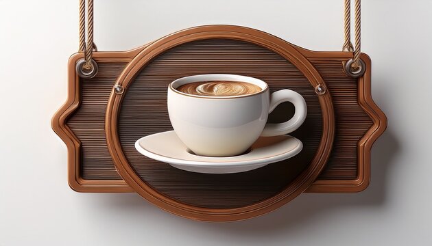 realistic 3d rendering of a hanging coffee shop sign with coffee cup and saucer white background