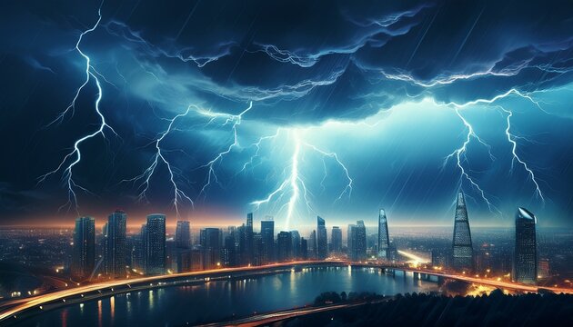 severe weather warning caution ahead during lightning storm cityscape risk alert