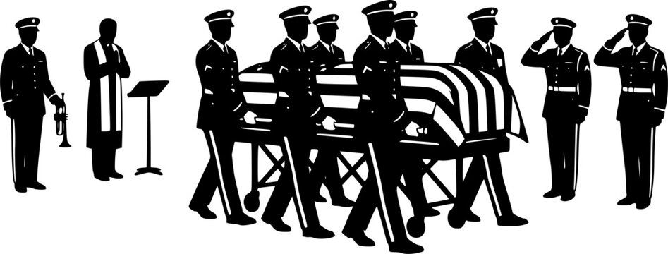 Black and white military funeral ceremony silhouette with american flag draped over coffin isolated on white background
