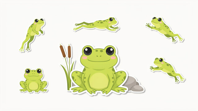 Collection of playful cartoon frogs in various poses