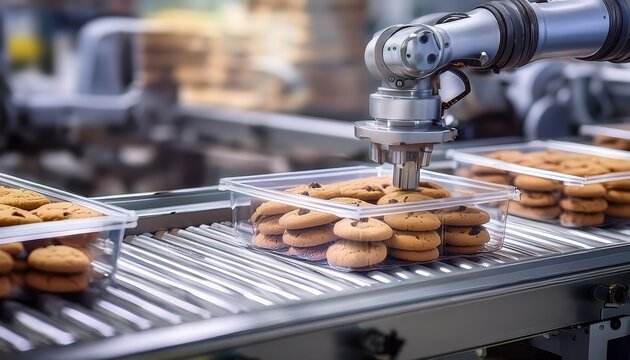 an robotic arm automation packing cookies into clear plastic containers on a conveyor belt in the modern food factory