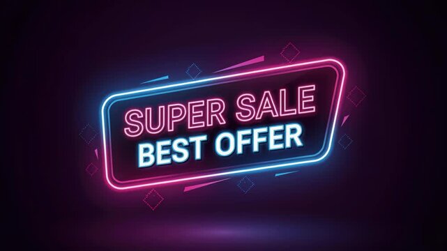 Neon Glow of a Super Sale: A vibrant neon sign flashes SUPER SALE BEST OFFER in captivating blue and pink light against a dark, textured background, perfect for advertising deals and promotions.