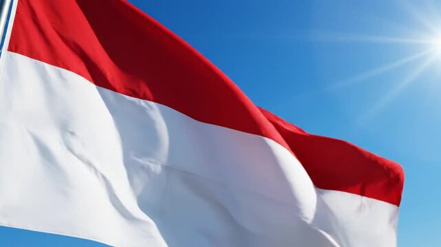 Indonesian National Flag Waving in Wind Against Clear Blue Sky