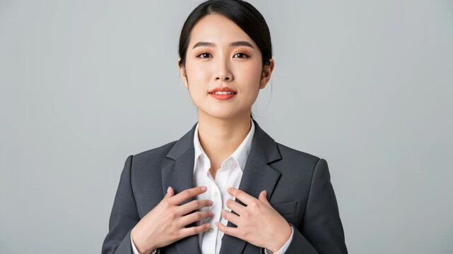 Asian Businesswoman Confidence: A confident Asian businesswoman in a professional suit, her hands gently touching her lapels, looks directly at the camera with a serene and poised expression.