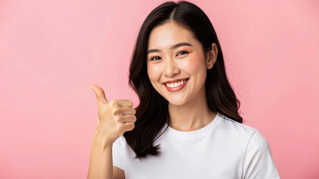Asian Woman with Thumbs Up: A smiling Asian woman gives a confident thumbs up, radiating positivity and approval. Her warm expression suggests satisfaction and good fortune.