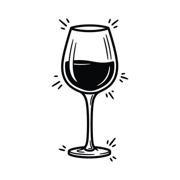 A stylized drawing of a wine glass filled with dark liquid and sparkling highlights.