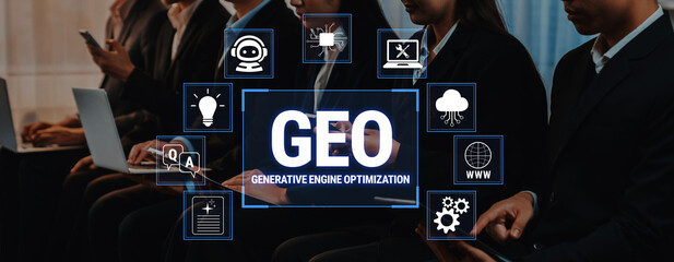 Obraz premium Generative Engine Optimization Concept with Business Attire Individuals and Technology Icons in a Professional Setting Fluxor.