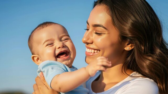 Joyful Mother and Baby Embrace: A beaming mother cherishes her laughing baby under a clear blue sky, capturing a moment of pure parental bliss and unconditional love.