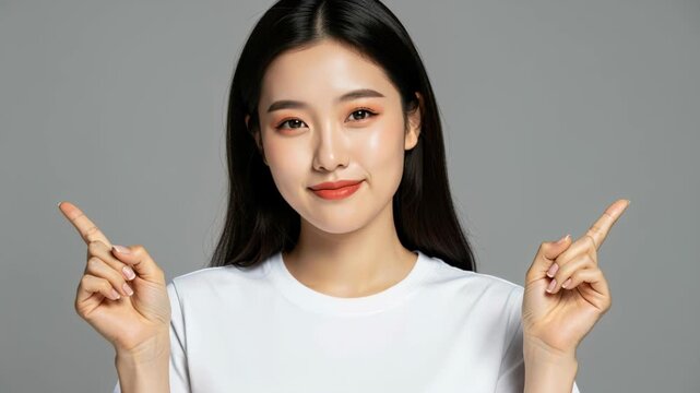 Young Asian Woman Pointing Both Ways: A young Asian woman with long black hair, wearing a white t-shirt and orange lipstick.