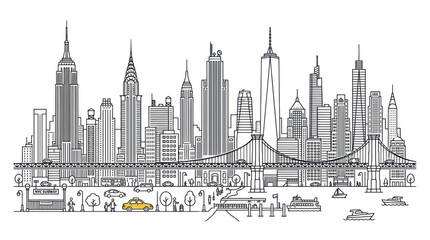 Obraz premium New York City Skyline Doodle Art - Iconic Buildings, Bridge, and Yellow Taxi