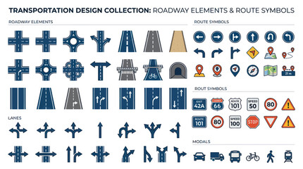 Roadway and Route Symbols: Traffic Signs, Navigation Icons, and Lane Markings © wati