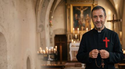 Obraz premium Waist up portrait of a priest in a church. Middle aged man wearing a black cassock with a red cross. Religious figure holding a rosary in a sanctuary