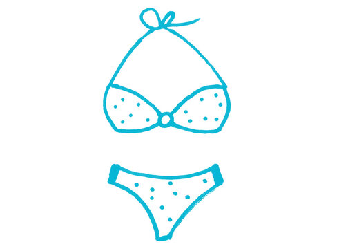 Simple hand drawn blue bikini icon with bathing suit swimwear beachwear clothing illustration minimalist background isolated vacation abstract