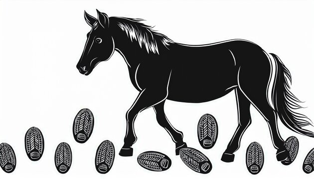 path footprints of shod horse pony track of horseshoes of donkey mule shod hooves silhouette horse trail black isolated on white for print textile postcard design games pet store