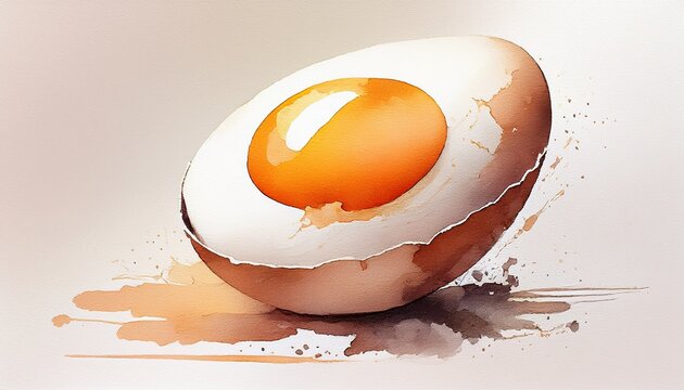 a watercolor painting of an egg with a brown shell and a white yolk the egg is sitting on a white background