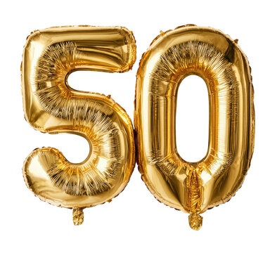 Two shiny gold foil balloons spell out the number "50