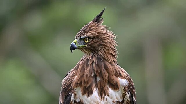 Javan Hawk-Eagle Raising Its Crest in Reaction to a Distant Sound Amidst a Natural Background