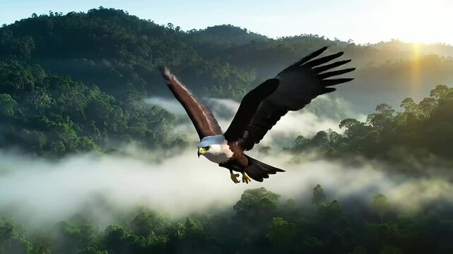 Javan Hawk-Eagle Soaring Above Misty Tropical Forest Landscape in Stunning 4K Detail