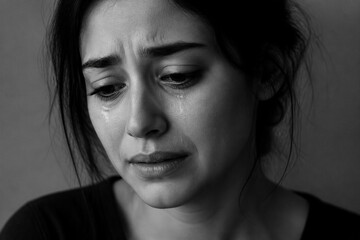 Fototapeta premium Young woman crying with tears in close up black and white portrait