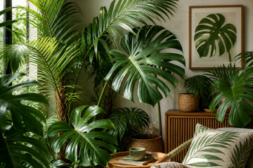 Fototapeta premium Indoor tropical plants arranged densely in cozy living room