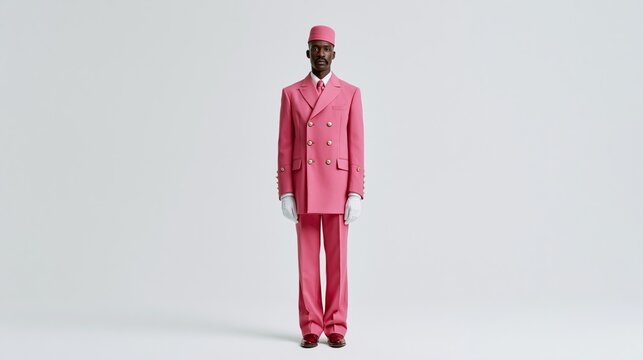 luxury hotel butler portrait in elegant pink bellhop uniform studio