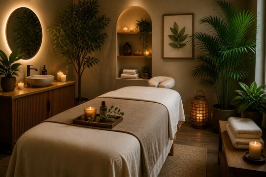 Massage table prepared for spa treatment in ambient room