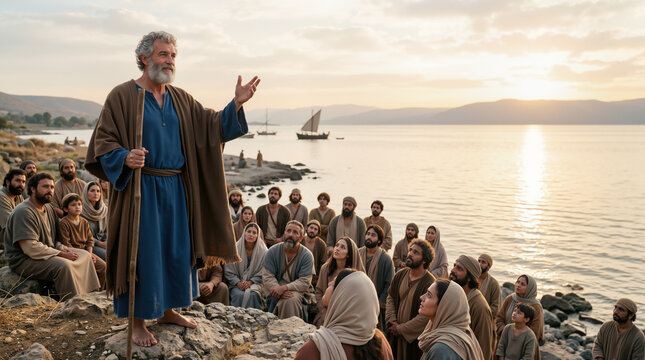 Saint Peter preaching to a crowd by the Sea of Galilee. Biblical scene with historical figures in ancient robes at sunset