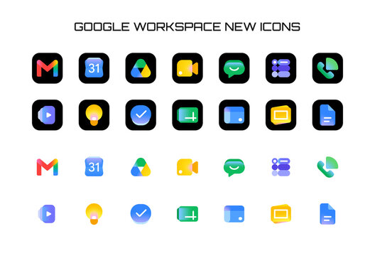 Google Workspace new logo icons. 2026 update. including gmail, calendar, chat, docs, drive, forms, keep, meet, sheets, sites, slides, tasks, vids, voice.