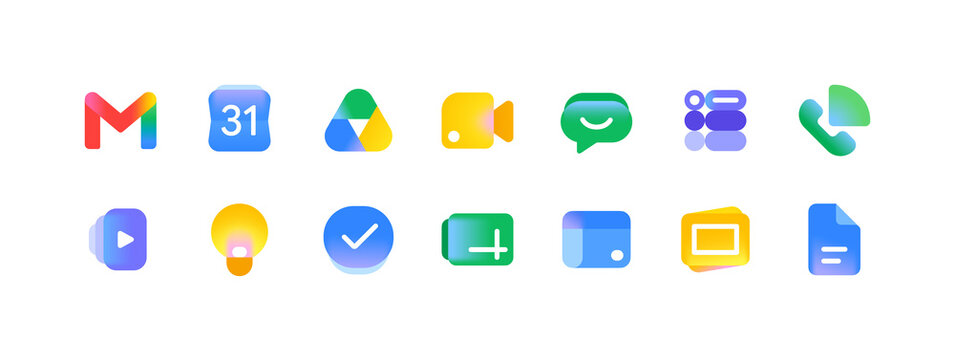 Google Workspace new logo icons. 2026 update. including gmail, calendar, chat, docs, drive, forms, keep, meet, sheets, sites, slides, tasks, vids, voice.