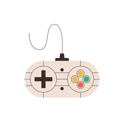 Flat vintage joystick and game controller with retro patch and badge details. Gamepad gadget as video game console sticker. Classic videogame style in pale beige colorful button accents. © Moonnoon