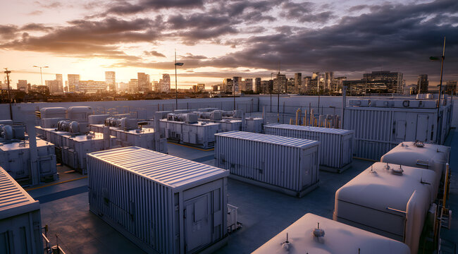 A diesel generator enclosure and bulk fuel tank-ready standby-generator yard is exterior, designed to support a data center during a prolonged grid outage