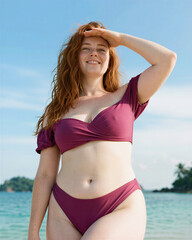 Naklejka premium Young woman with long red wavy hair wearing pink two-piece swimsuit standing in front of green water, shielding her eyes from sun with her hand, smiling.