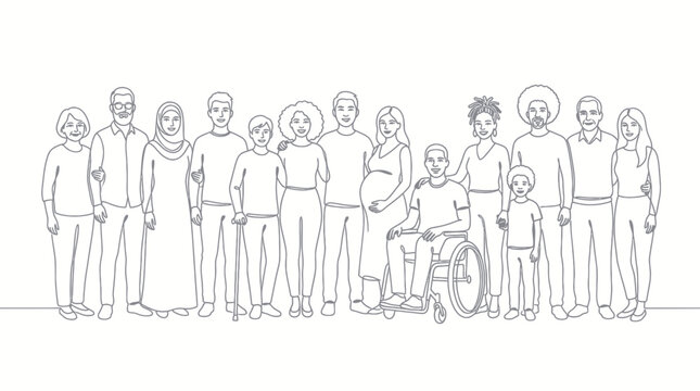 Diverse group of people standing together, illustration, unity, inclusion, community