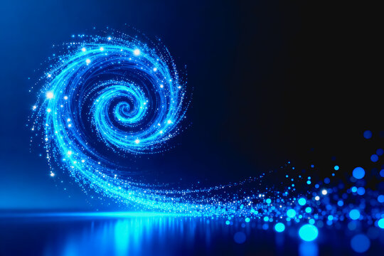 A glowing blue spiral made of particles with light reflection on dark background, a futuristic digital abstract design.