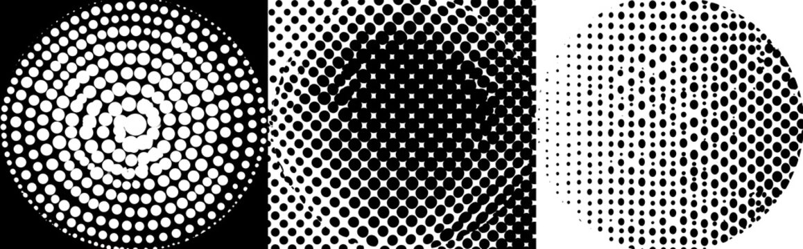 a set of circular, rounded halftone black dot vectors
