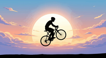 Obraz premium Silhouette of cyclist riding bicycle at sunset.