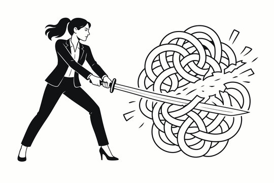 Businesswoman cutting complex tangled knot with sword symbolizing problem solving and strategic simplification