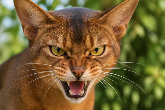 Abyssinian cat snarling with bared teeth in garden foliage