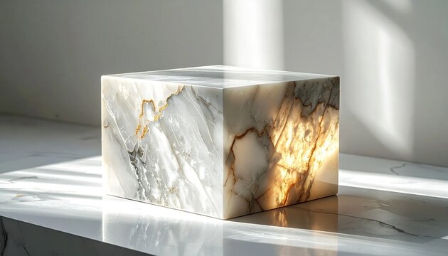 Natural marble stone cube with gold veins reflecting morning sunlight, high-end architectural decor element