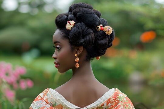 African Woman with Traditional Hair Buns in Garden