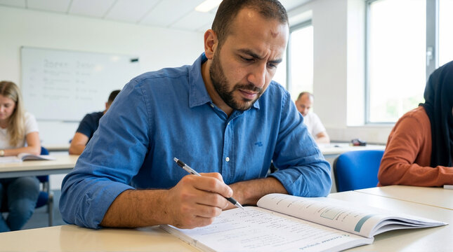 Focused Middle Eastern man writing in a workbook at a desk. Adult student studying in a diverse classroom. Adult education and continuing learning concept