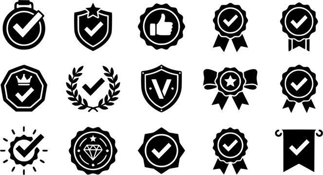 approval medal mark silhouette icon set, flat black glyph style, pure white background
