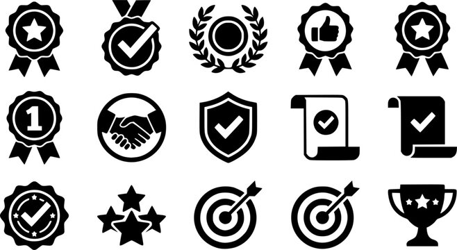 approval medal mark silhouette icon set, flat black glyph style, pure white background