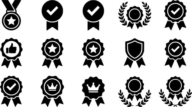 approval medal mark silhouette icon set, flat black glyph style, pure white background