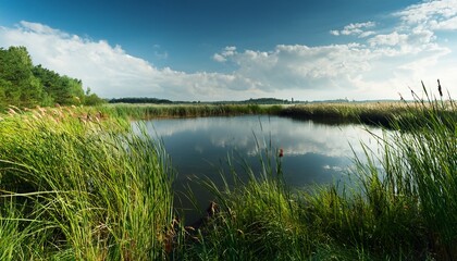 Obraz premium Pond With Marsh Grass And Reeds During The Day